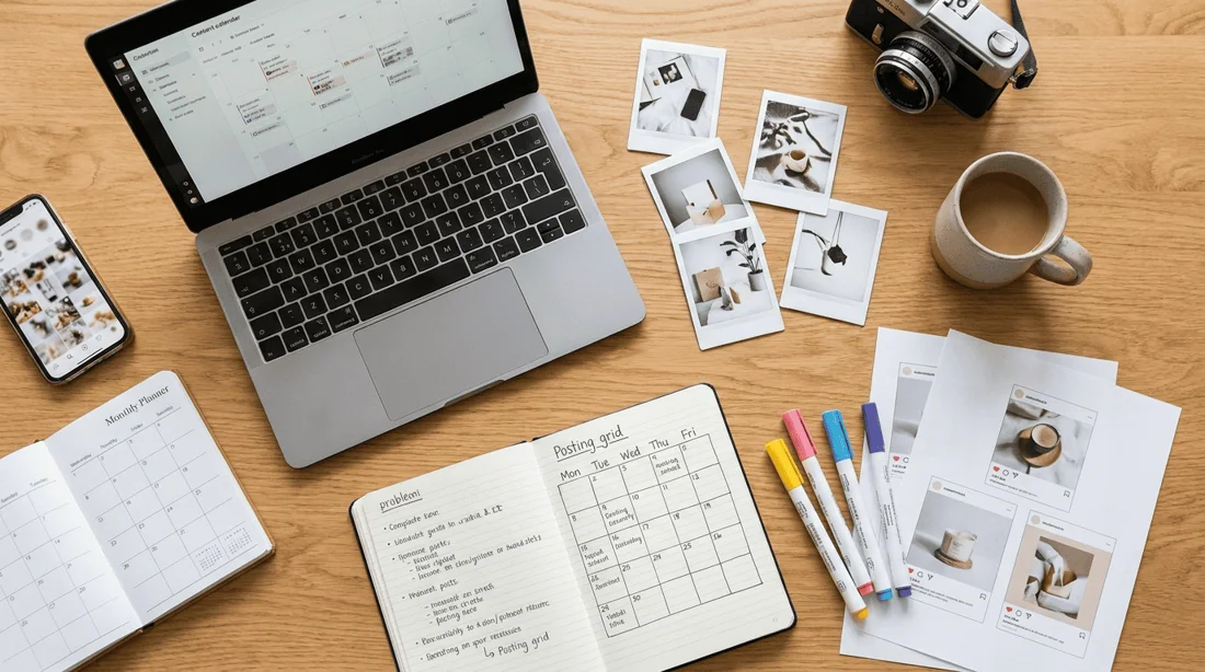Content-Planung mit Laptop, Kalender und Fotomaterial auf einem Schreibtisch